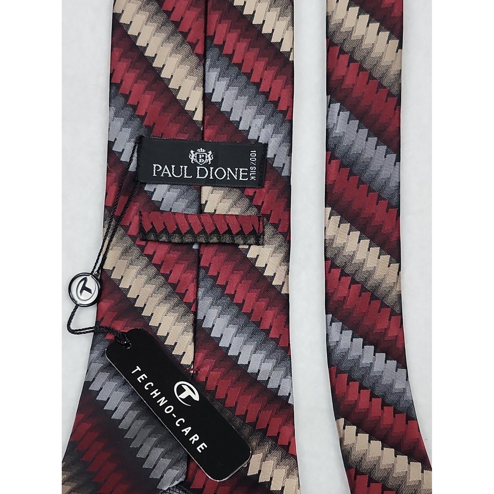 Paul Dione Mens Silk Necktie NWT 100% Silk 57x3.75 Red/Beige/Grey Striped Design